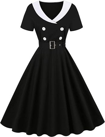 Maqroz Womens Summer Dresses Short Sleeve 1950s Vintage Dress Shawl Lapel A Line Swing Dress Cocktail Midi Dress with Belt at Amazon Women’s Clothing store