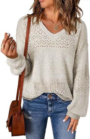 SHEWIN Womens Sweaters Casual Long Sleeve V Neck Lightweight Crochet Pullover Sweater Tops at Amazon Women’s Clothing store
