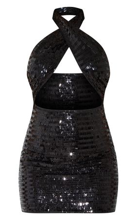 Black Sequin Cross Halterneck Bodycon Dress | PrettyLittleThing USA