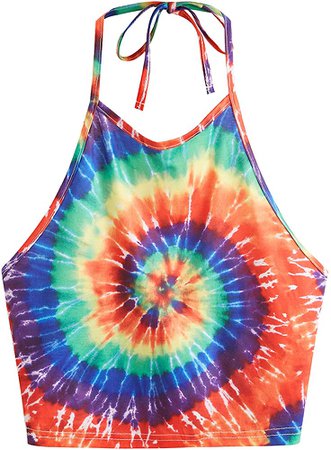 Romwe Women's Sexy Spiral Tie Dye Multicolor Print Backless Tie Halter Top M at Amazon Women’s Clothing store