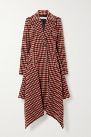 Asymmetric Checked Wool-blend Coat - Red