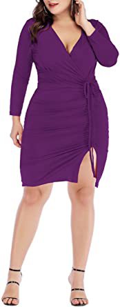 Amazon.com: Oelise Women's Plus Size Long Sleeve Deep V Ruched Bodycon Pencil Mini Dress with Slit Club Party Dresses : Clothing, Shoes & Jewelry