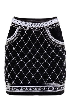 PREMIUM Black Velvet Embellished Beaded Mini Skirt | PrettyLittleThing