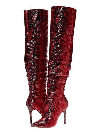 snake print red thigh high boot