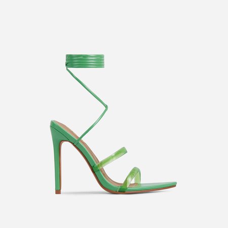 Dolled-Up Perspex Strap Lace Up Pointed Toe Heel In Green Faux Leather | EGO