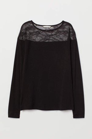 Top with Lace Yoke - Black