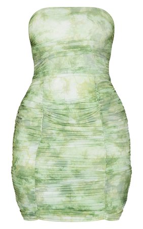 Sage Green Tie Dye Mesh Ruched Bandeau Dress | PrettyLittleThing USA