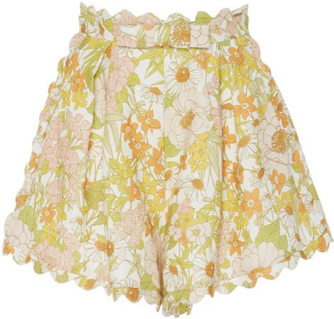 Scalloped Floral-Print Linen Shorts Size: 0P