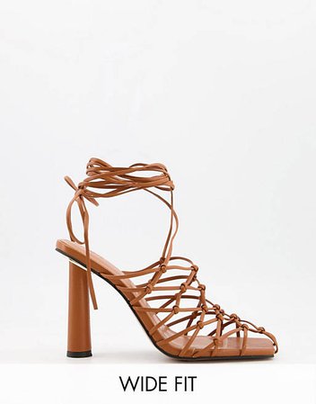 ASOS DESIGN Wide Fit Pearl caged tie leg high shoes in tan | ASOS
