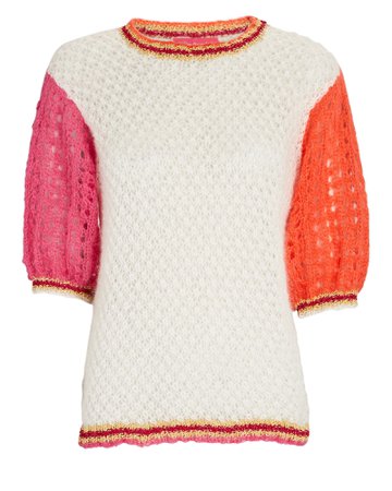 Rose Carmine Puff Sleeve Pointelle Mohair-Blend Sweater | INTERMIX®