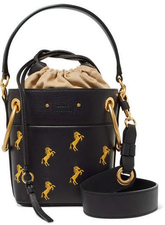 Roy Mini Embroidered Leather Bucket Bag - Midnight blue