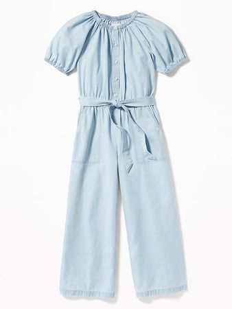 Chambray Button-Front Tie-Belt Utility Jumpsuit for Girls | Old Navy