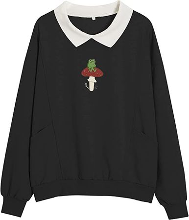 KIEKIECOO Mushroom and Frog Print Sweatshirt for Women with Collar Kawaii Clothes Hoodie Graphic Pullover Tops with Pockets at Amazon Women’s Clothing store