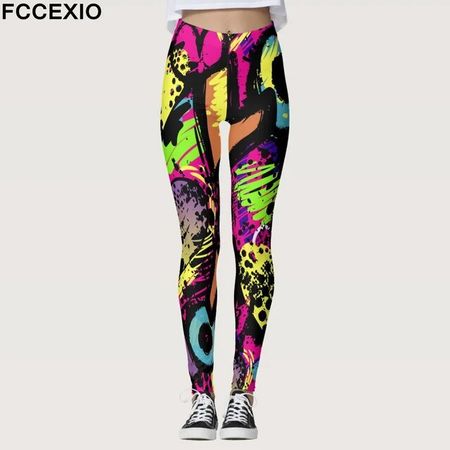 FCCEXIO celana legging olahraga wanita, celana leging Yoga Gym lari pinggang tinggi bercetak grafiti geometris baru musim S-3XL - AliExpress