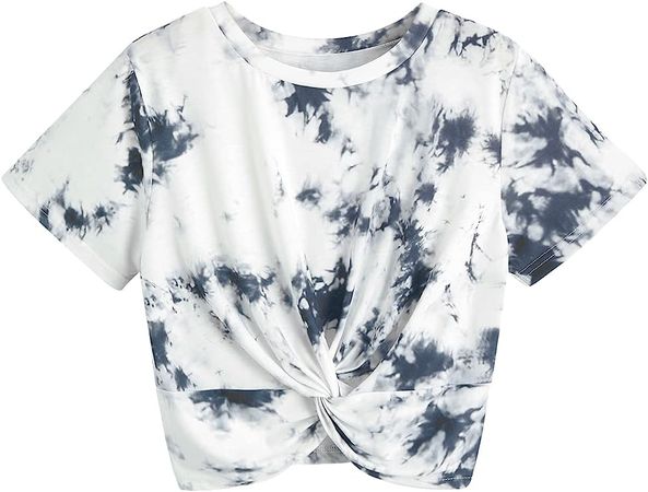 SweatyRocks Women's Casual Twist Front Short Sleeve Crop Top T-Shirt White Black L at Amazon Women’s Clothing store