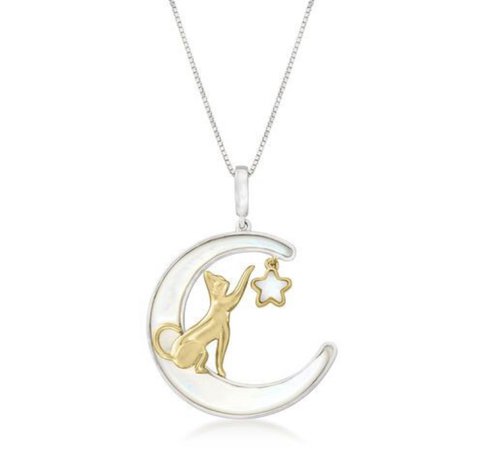 silver crescent moon with gold cat and star necklace