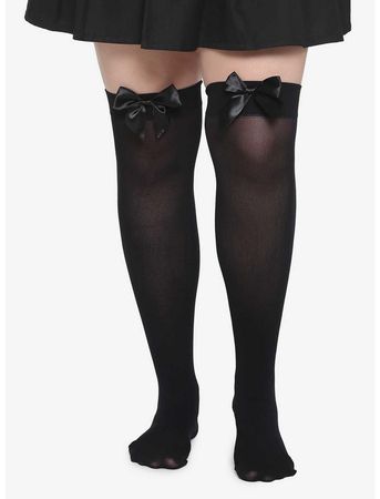 Black Satin Bow Thigh Highs Plus Size | Hot Topic