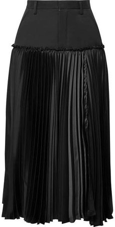Layered Wool-gabardine And Pleated Satin Midi Skirt - Black