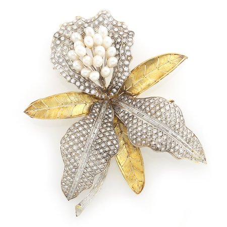 Tiffany & Co, Orchid Flower Diamond, Pearl and gold brooch