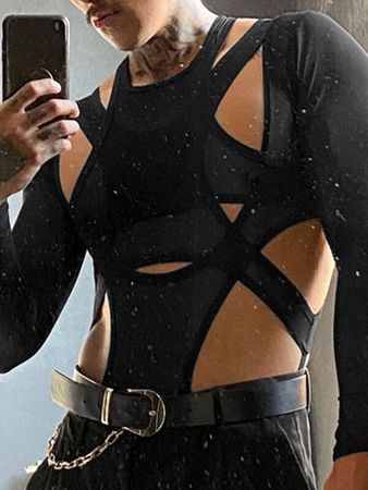 INCERUN Mens Cutout Patchwork Long Sleeve Triangle Bodysuit Cheap - NewChic