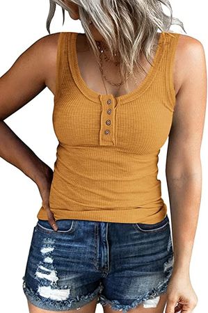Kissfix Women Cute Tank Tops Sleeveless Ribbed Juniors Summer Basic Cami Knit Top Henley Button Down Trendy Blouses Orange at Amazon Women’s Clothing store