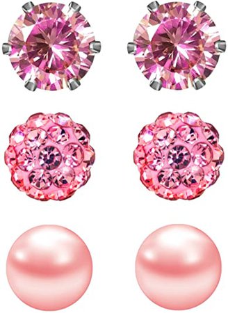 JewelrieShop Pink Studs Earrings for Women CZ Rhinestones Crystal Ball Fake Pearl Stainless Steel Party Stud October Birthstone Earring Set for Girl