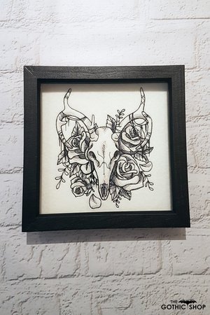 Deer Skull Blooms Sketched Embroidered Framed Gothic Picture