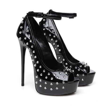 *clipped by @luci-her* Giaro MIRA black shiny peep toe pumps with silver rivets