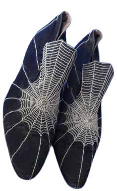 Original 1920s Black Silk Satin Unique Spiders Web Design Flappers Shoes