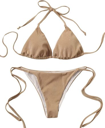 Amazon.com: Milumia Women's 2 Piece Halter Triangle Bikini Set Tie Back Stretchy Hipsters Swimsuit : Clothing, Shoes & Jewelry