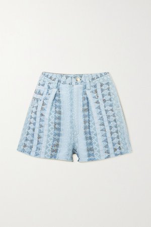 Frayed Textured Cotton-blend Shorts - Blue