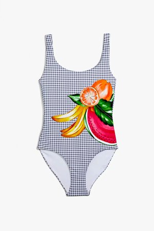 ONIA Kelly Scoop Back One Piece Swimsuit - Mixed Fruit/NavyBlue Gingham Print | BIKINI.COM