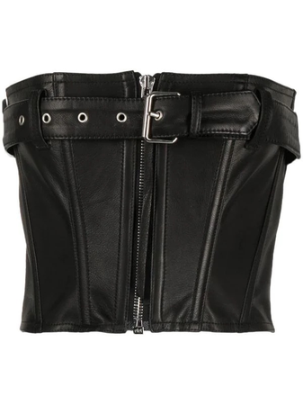 Black Faux Leather Zip Up Belted Corset Top