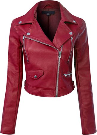 Design by Olivia Women's Long Sleeve Zipper Closure Moto Biker Faux Leather Jacket Burgundy S at Amazon Women's Coats Shop