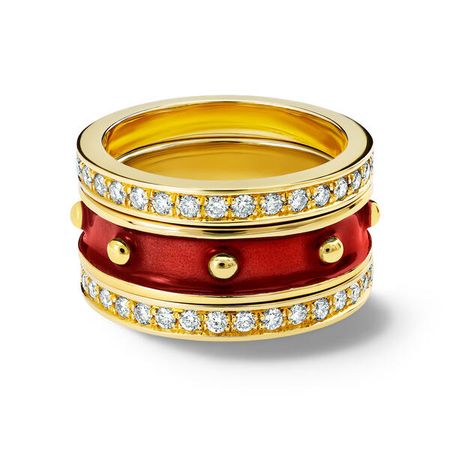 Decimus Gold Ring with Red Enamel and Gold Half Eternity Rings - Cassandra Goad