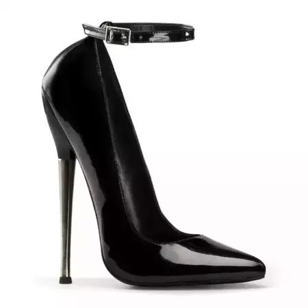 Devious DAGGER-12 Extreme Vertical Metal Heel Court Shoes with Ankle Straps in Black Patent