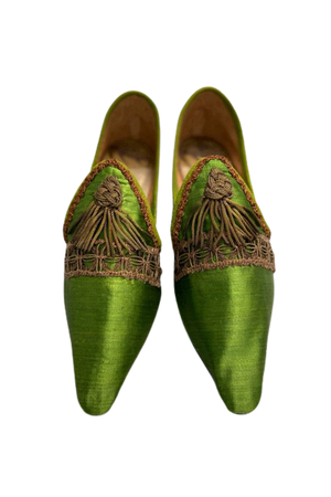 Green chartreuse shoes created from 18th century silk, by Pavilion Parade