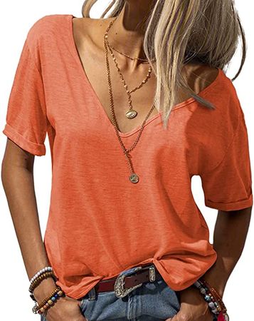Danedvi Women Fashion Deep V-Neck Short Sleeve Tops Solid Casual Loose Basic T Shirt Orange at Amazon Women’s Clothing store
