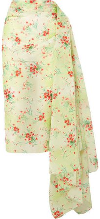 Draped Floral-print Taffeta Skirt - Green