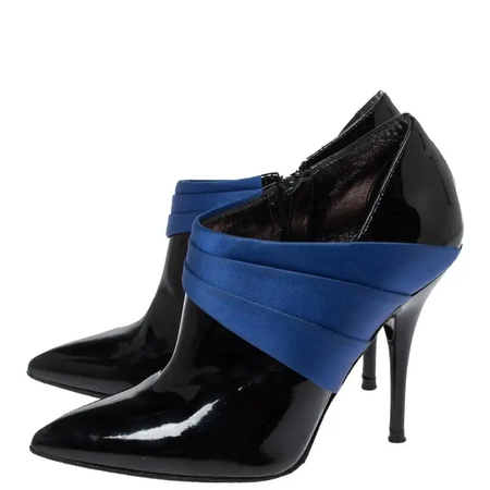 Casadei Black/Blue Pleated Satin and Patent Leather Ankle Booties