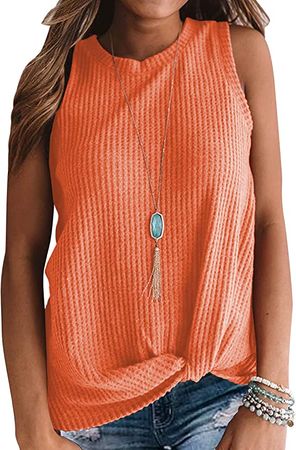MIHOLL Womens Casual Tops Sleeveless Cute Twist Knot Waffle Knit Shirts Tank Tops (Large, 04 Orange) at Amazon Women’s Clothing store