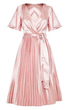 Mairee Dusty Pink Satin Pleated Midi Dress | PrettyLittleThing
