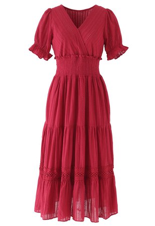 Embroidery Eyelet Shirred Frill Boho Dress in Red - Retro, Indie and Unique Fashion