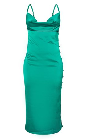 Bright Green Satin Cowl Neck Button Detail Slip Dress - Midi Dresses - Dresses - Women's Clothing | PrettyLittleThing USA