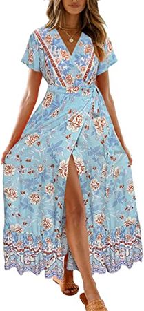 ZESICA Women's 2023 Bohemian Floral Printed Wrap V Neck Short Sleeve Split Beach Party Maxi Dress at Amazon Women’s Clothing store