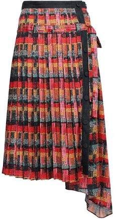 Denim-trimmed Pleated Printed Satin Midi Skirt