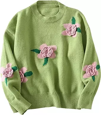 BAIMORE Women's Handmade Flower Knit Top Crew Neck Long Sleeve Casual Pullover Sweater Green at Amazon Women’s Clothing store