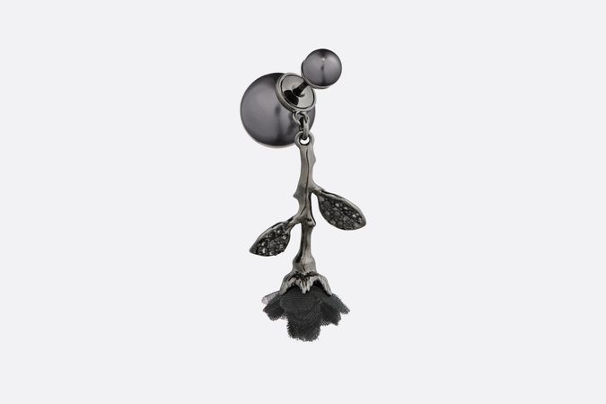 Dior Tribales Earring Ruthenium-Finish Metal and Gray Resin Pearls with Silver-Tone Crystals and Black Tulle | DIOR