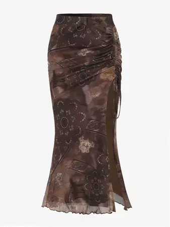 Cinched Front Abstract Printed Mesh Overlay Thigh Slit Skirt In COFFEE | ZAFUL 2024