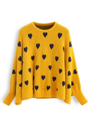 Batwing Sleeves Heart Fluffy Knit Sweater in Mustard - Retro, Indie and Unique Fashion